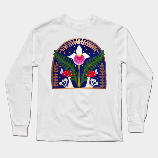 Showy Lady Slipper with ferns and mushrooms Long Sleeve T-Shirt by Peleegirl